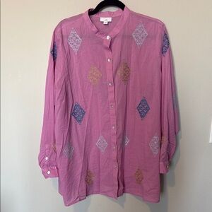 J.Jill Long Sleeve Pink Cotton Tunic Embroidered Lightweight Button Blouse Large